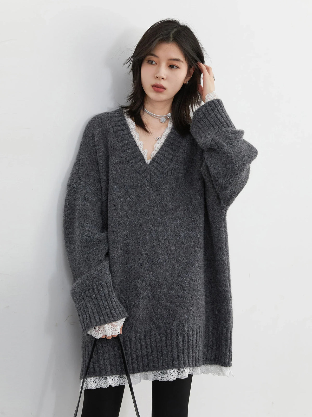 VILZSTUDIOS Casual Loose V-Neck Knit Sweater