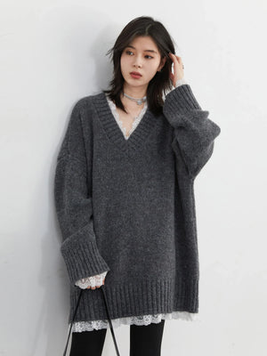 VILZSTUDIOS Casual Loose V-Neck Knit Sweater