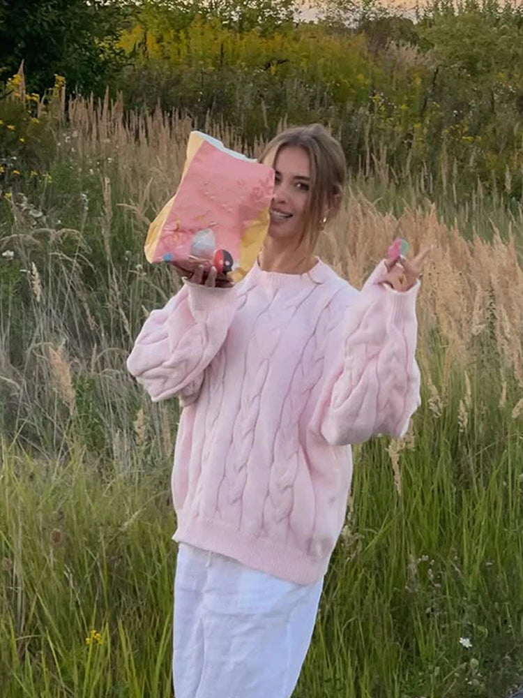 VILZSTUDIOS Elegant Pink Twisted Knit Sweater