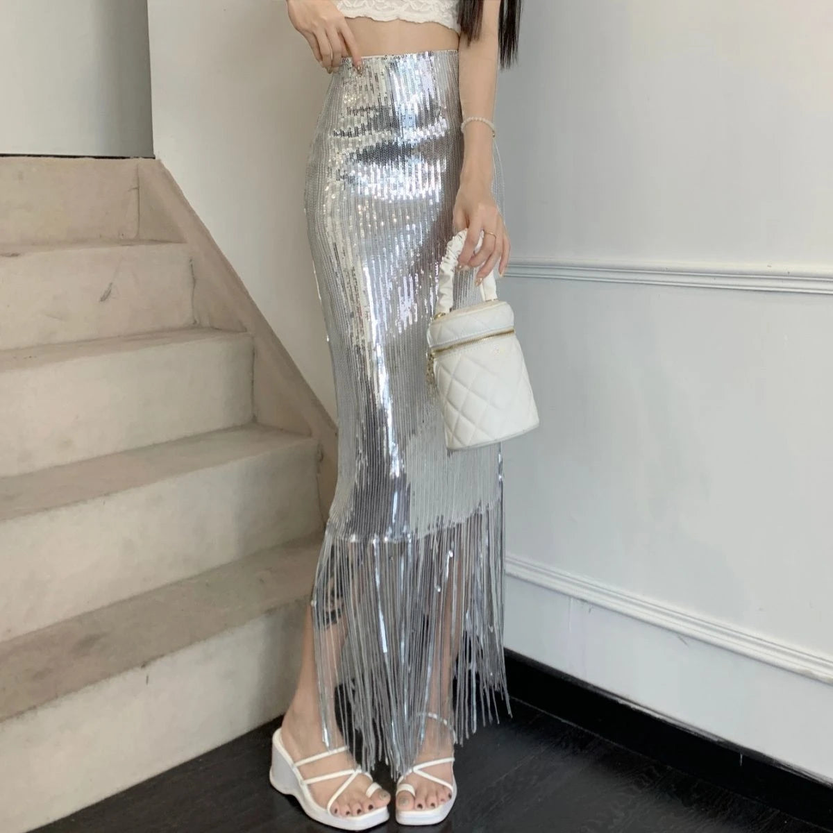 VILZSTUDIOS Sequin Tassel Bodycon High Waist Skirt