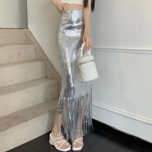 VILZSTUDIOS Sequin Tassel Bodycon High Waist Skirt
