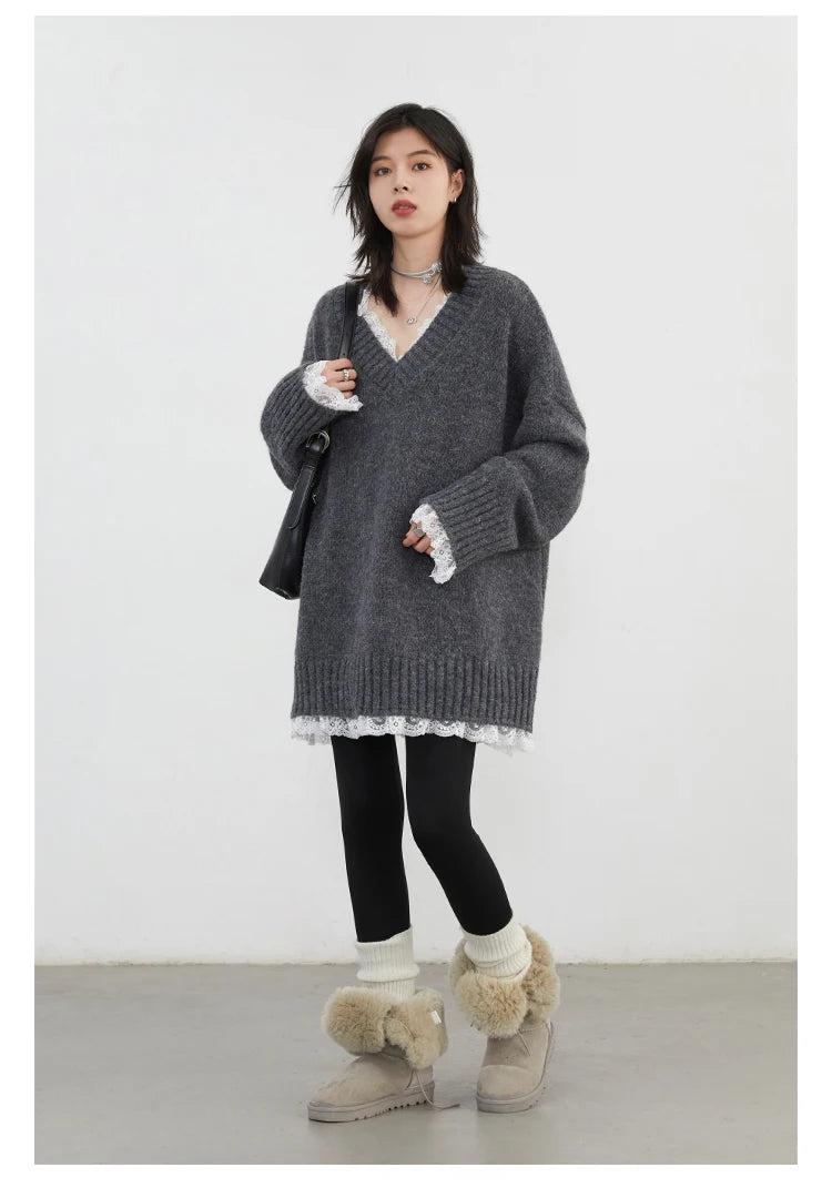 VILZSTUDIOS Casual Loose V-Neck Knit Sweater