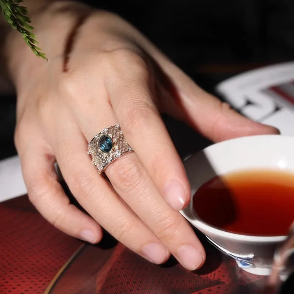 Blue Stone Geometric Honeycomb Ring
