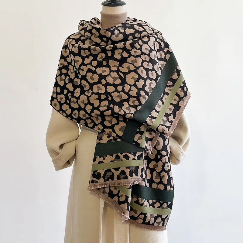 VILZSTUDIOS New Luxury Winter Leopard Two-Sided Cashmere Jacquard Scarves High Quality Women Thicken Wrap Shawl Ladies Wool Pashmina Scarf
