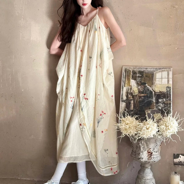 Elegant Botanical Embroidery Beaded Tassel Dress