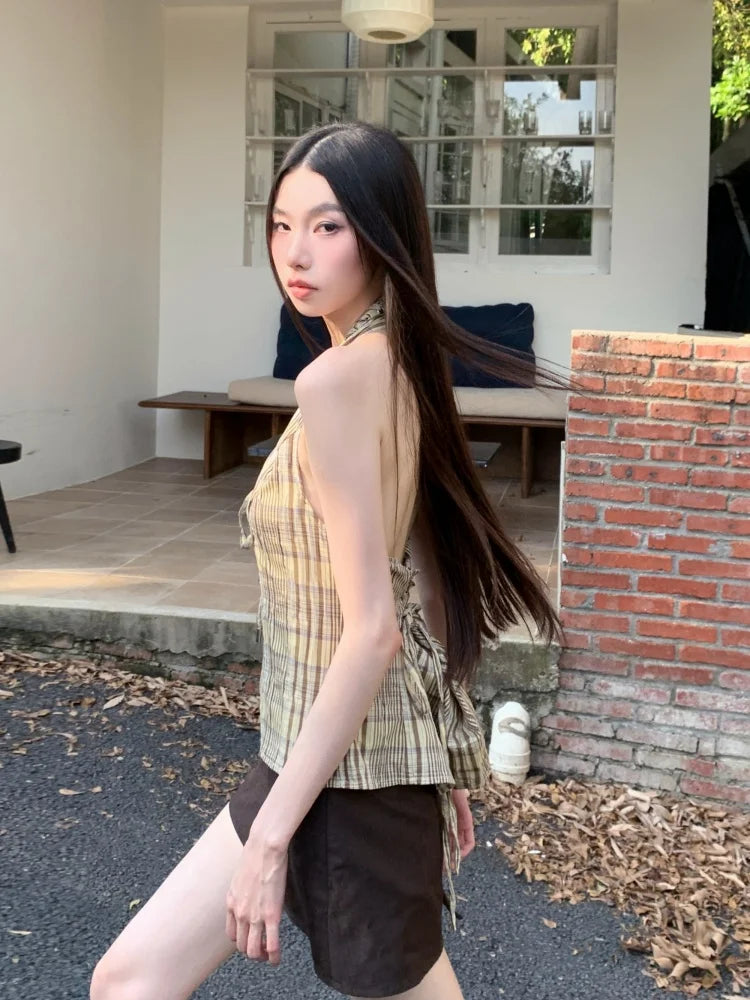 VILZSTUDIOS Yellow Plaid Backless Halter Top