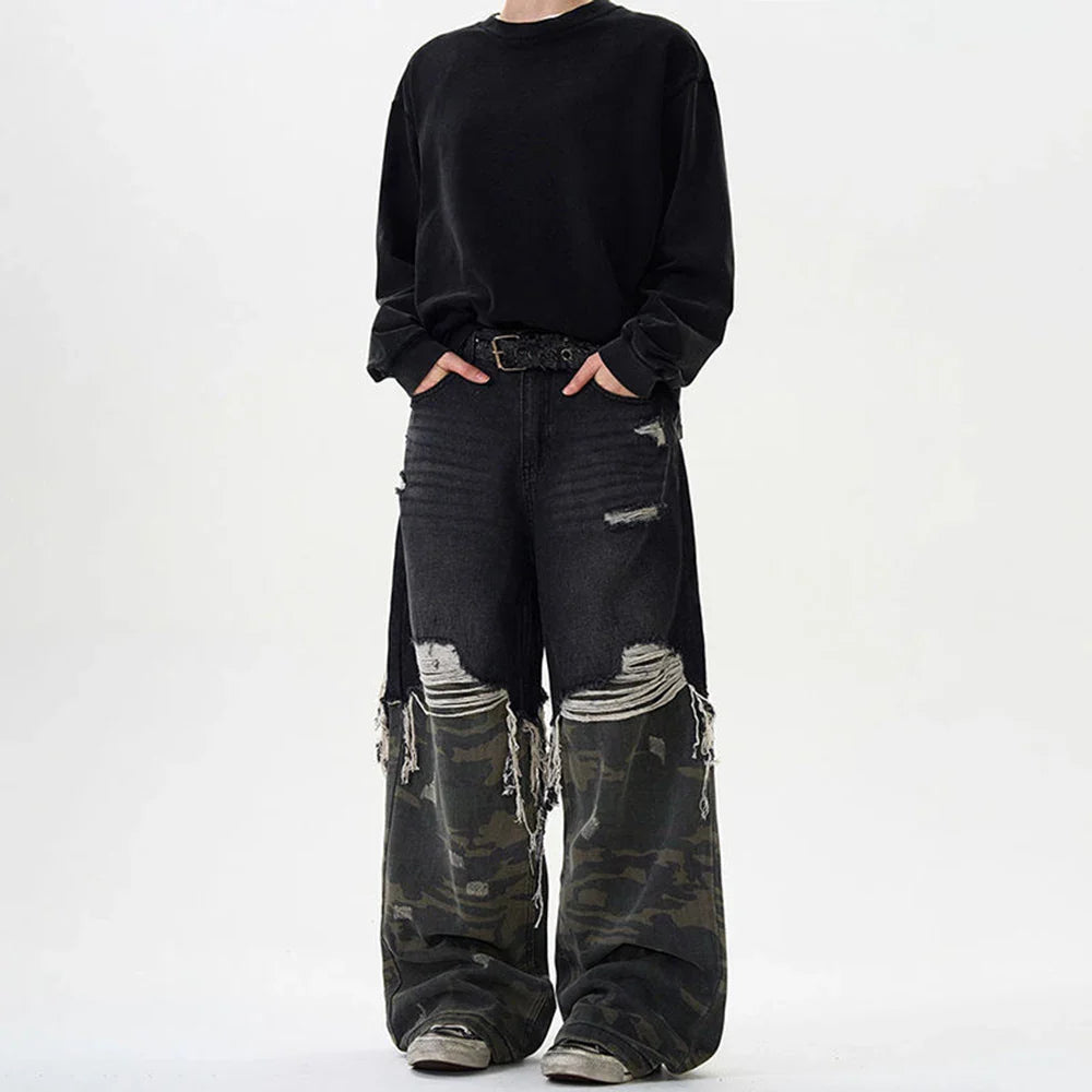 VILZSTUDIOS Retro Camouflage Stitched Baggy Ripped Jeans