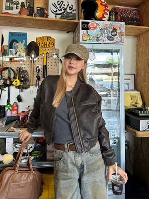 VILZSTUDIOS Vintage Brown PU Leather Jacket