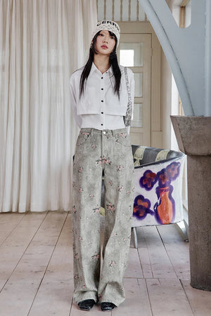 VILZSTUDIOS Retro Flower Printed Wide Leg Jeans