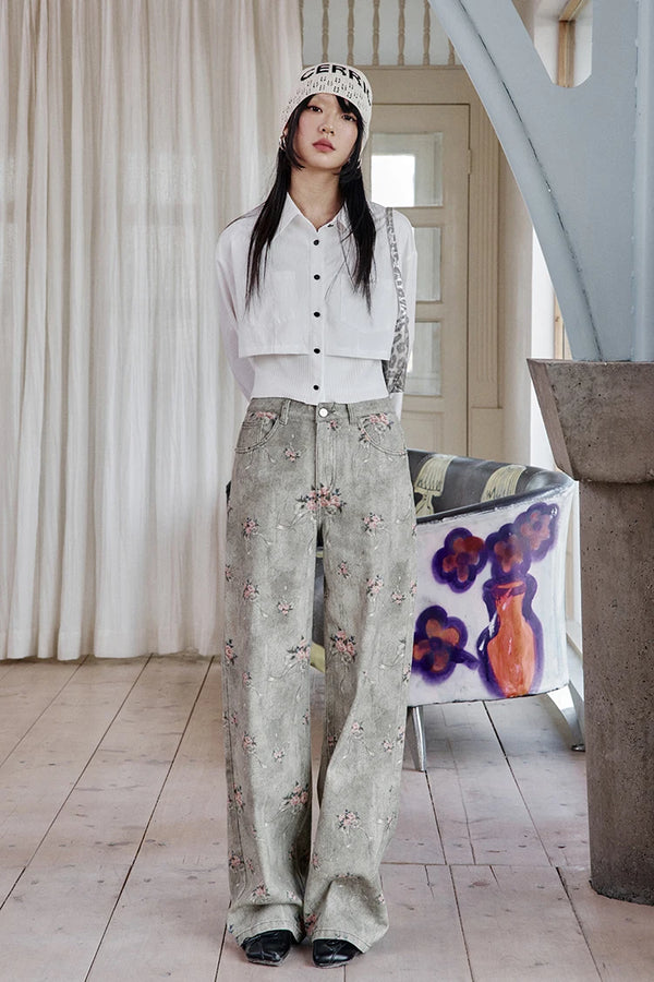 Retro Flower Printed Wide Leg Jeans