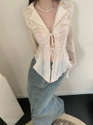 VILZSTUDIOS Apricot Fairycore Lace Up Cropped Blouse