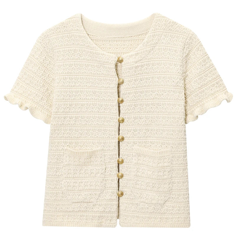 VILZSTUDIOS Elegant Knit Ruffled Button-Up Cardigan