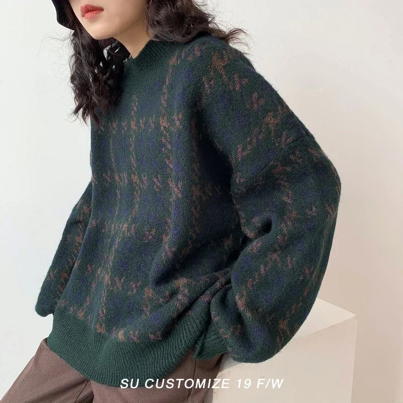 VILZSTUDIOS Vintage Plaid Houndstooth Sweater