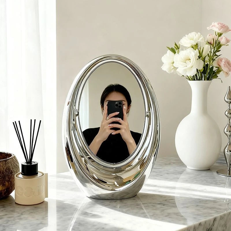 VILZSTUDIOS Korean Creative Oval Makeup Mirror Laser Double-sided Cosmetic Mirror Living Room Dressing Table Rotatable Mirror Home Decor