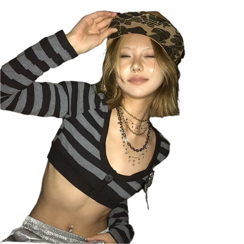 VILZSTUDIOS Vintage Striped Long Sleeved Y2K T-Shirt