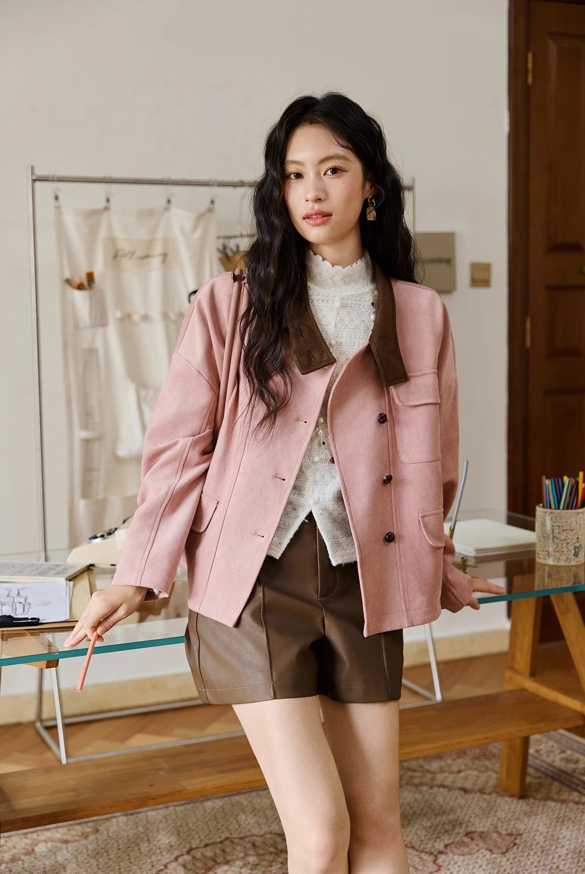 VILZSTUDIOS French Style Contrast Color Suede Jacket