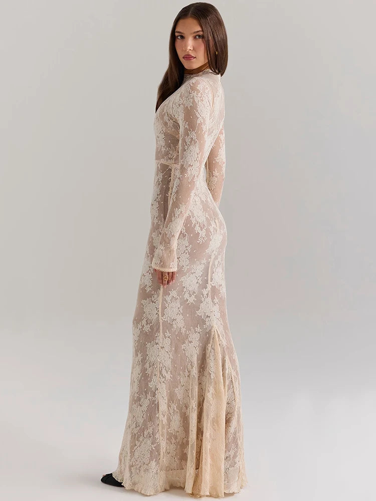 VILZSTUDIOS Elegant Floral Peach Lace Maxi Dress