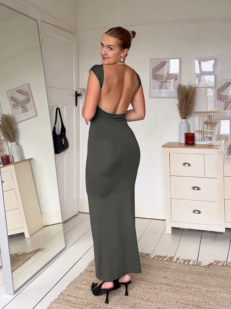VILZSTUDIOS Elegant Korean Solid Backless Maxi Dress