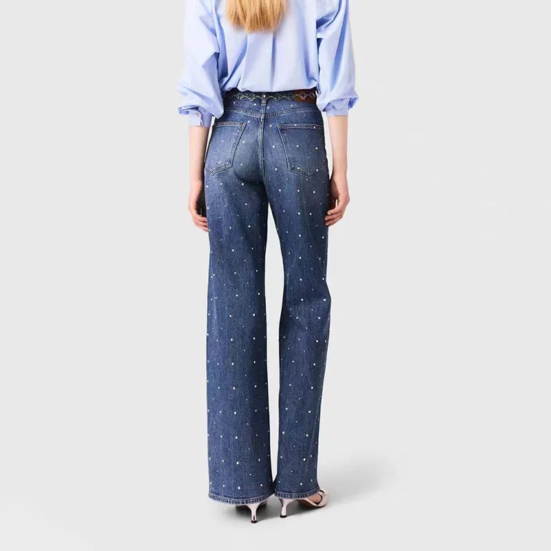 VILZSTUDIOS High Waist Blue Beaded Straight Leg Jeans