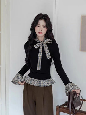 VILZSTUDIOS Chic Black Plaid Long Sleeve Top