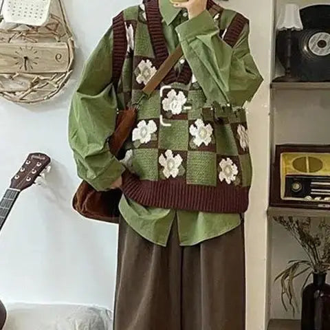 VILZSTUDIOS Vintage Knitted Daisy Flower Vest & Shirt