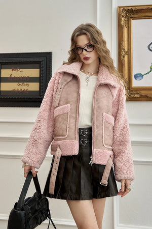 VILZSTUDIOS Pink Fur Collar PU Leather Jacket