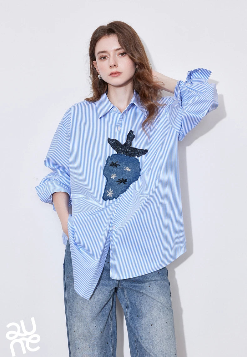 VILZSTUDIOS Striped Strawberry Print Long Sleeve Shirt