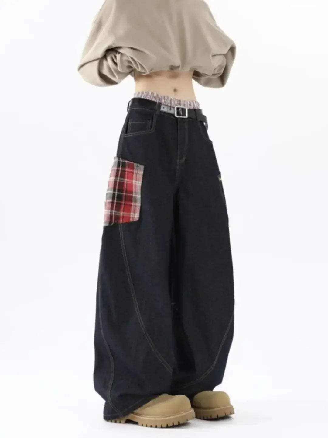 VILZSTUDIOS Retro Plaid Wide Leg Jeans