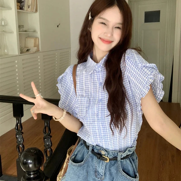Ruffled Plaid Women Shirt