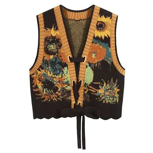 VILZSTUDIOS Vintage Floral Lace-Up Sleeveless Sweater