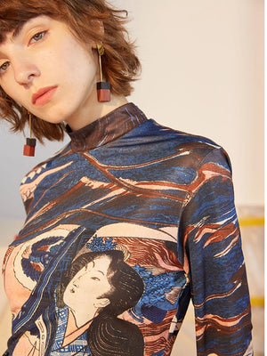 VILZSTUDIOS Blue Ukiyoe Designer Turtleneck Long Sleeve Top