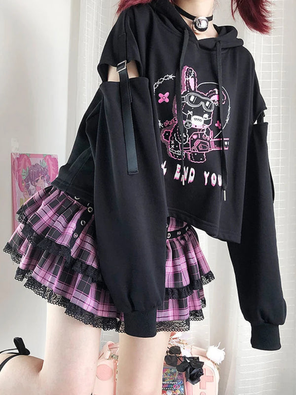 Punk Gothic Patchwork Hollow Out Hoodie & Mini Skirt