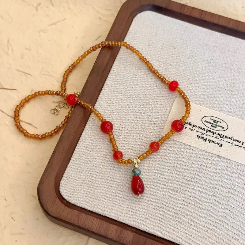 VILZSTUDIOS Ethnic Red Waterdrop Collarbone Necklace