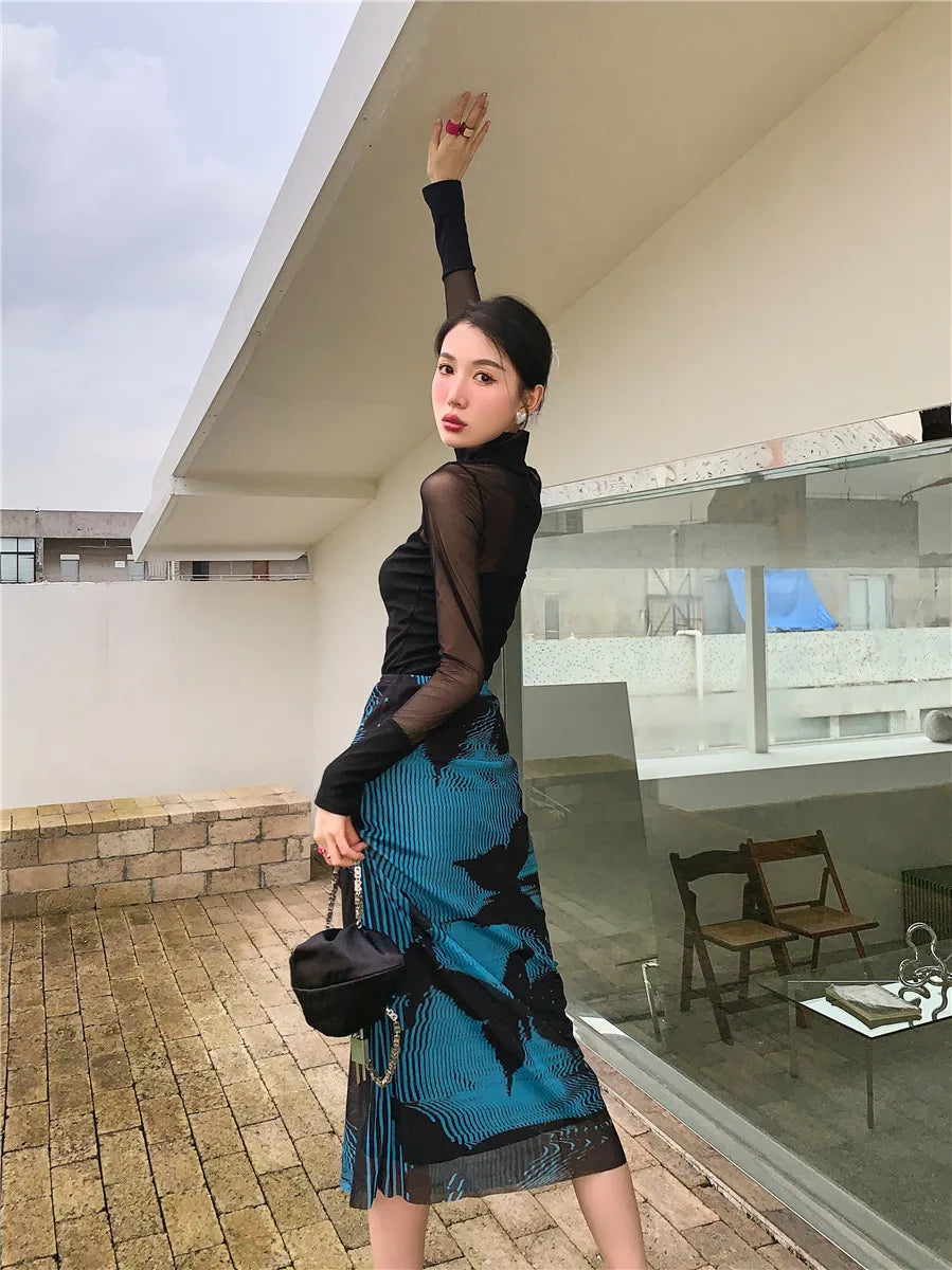 VILZSTUDIOS Butterfly Blue High Waist Mesh Skirt