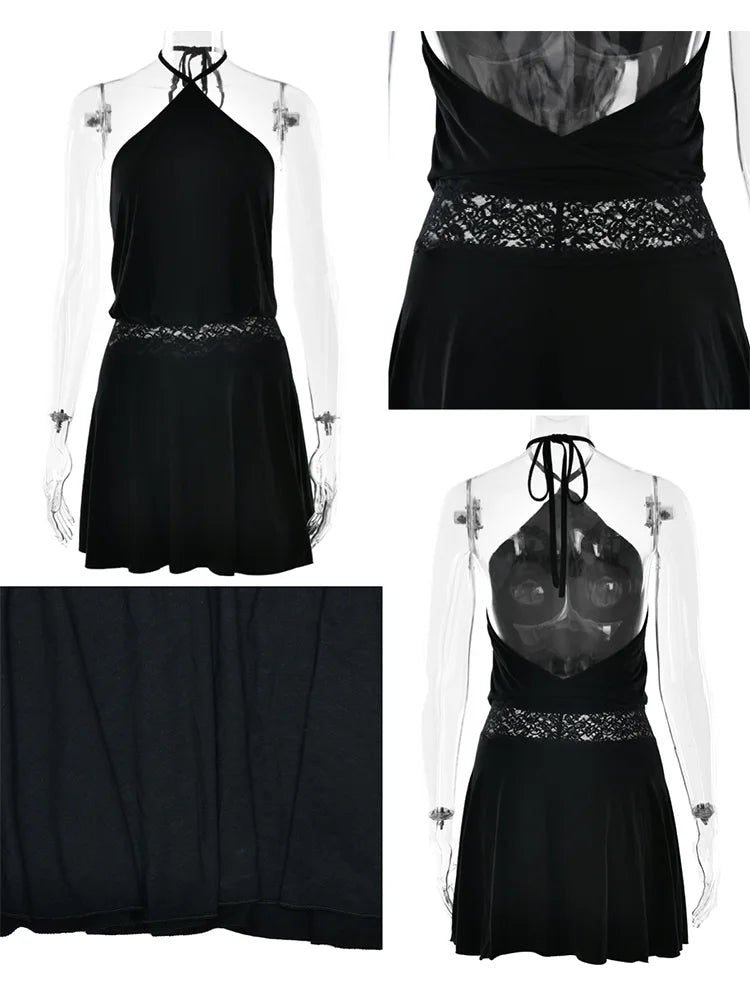 VILZSTUDIOS Sleek Lace Patchwork Halter Mini Dress