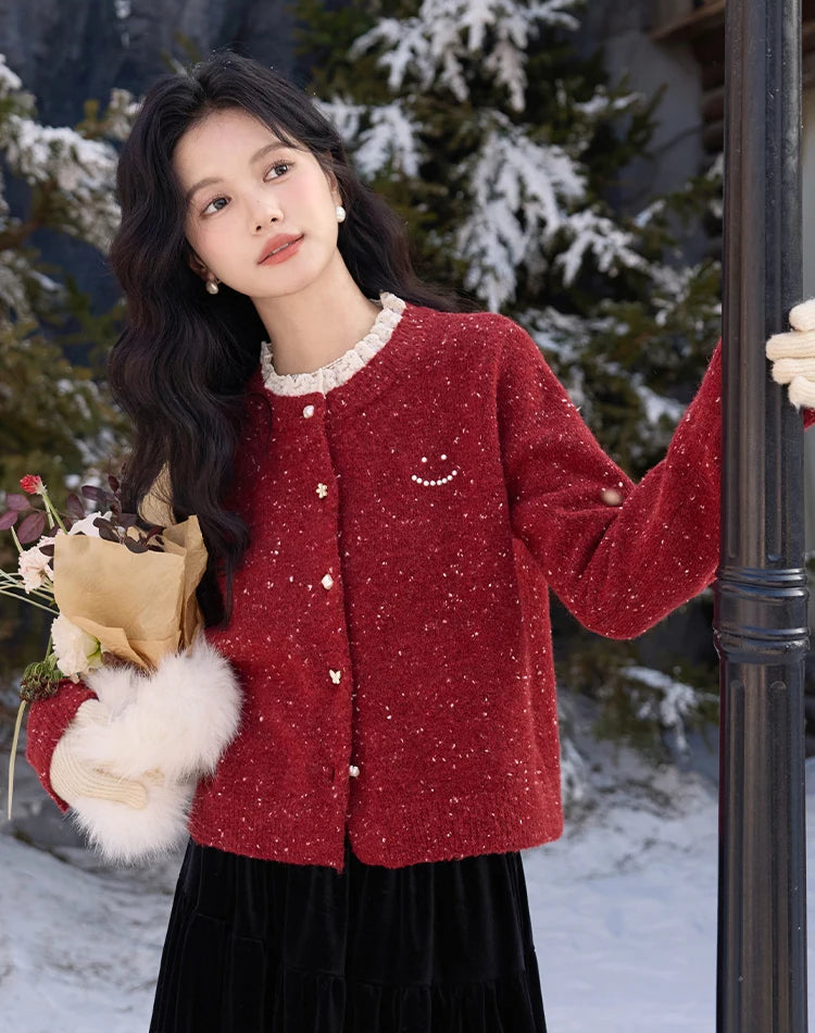 VILZSTUDIOS Red Lace Collar Cashmere Cardigan