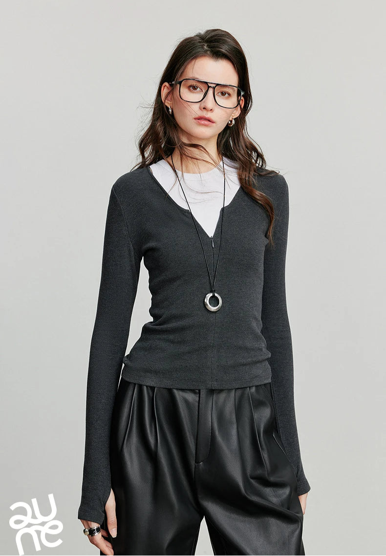 VILZSTUDIOS Cozy Autumn V-Neck Long Sleeve T-Shirt