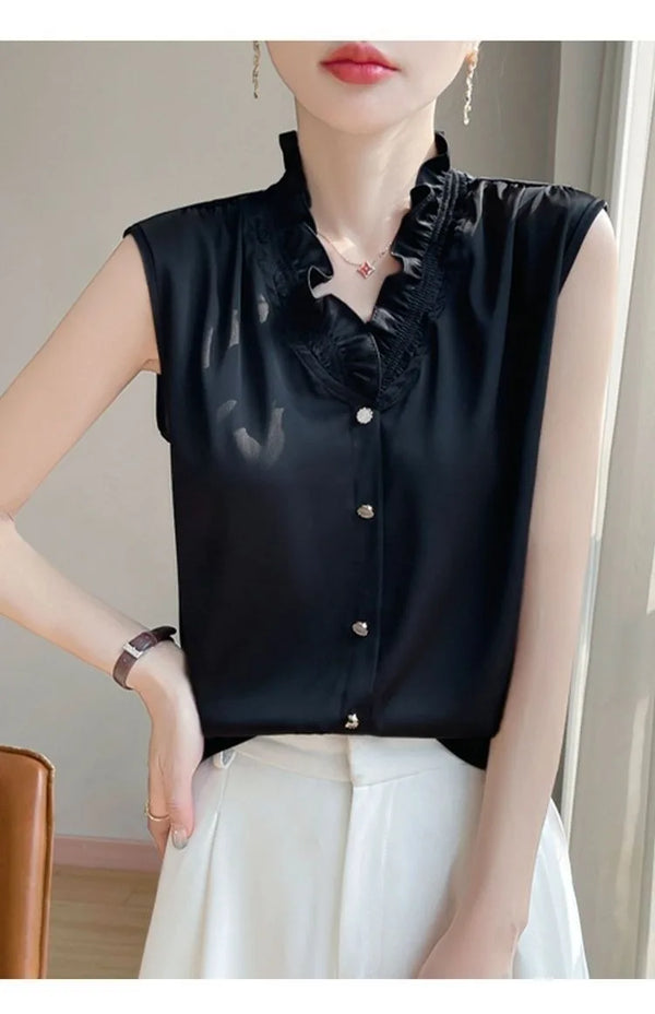 Chic Sleeveless Ruffled V-Neck Blouse