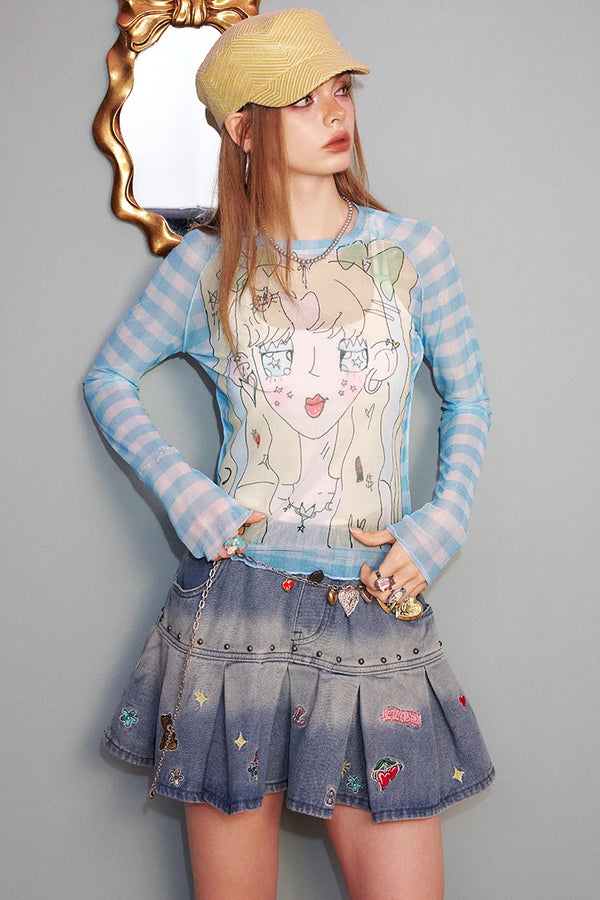Checkered Cartoon Mesh Long Sleeve Top