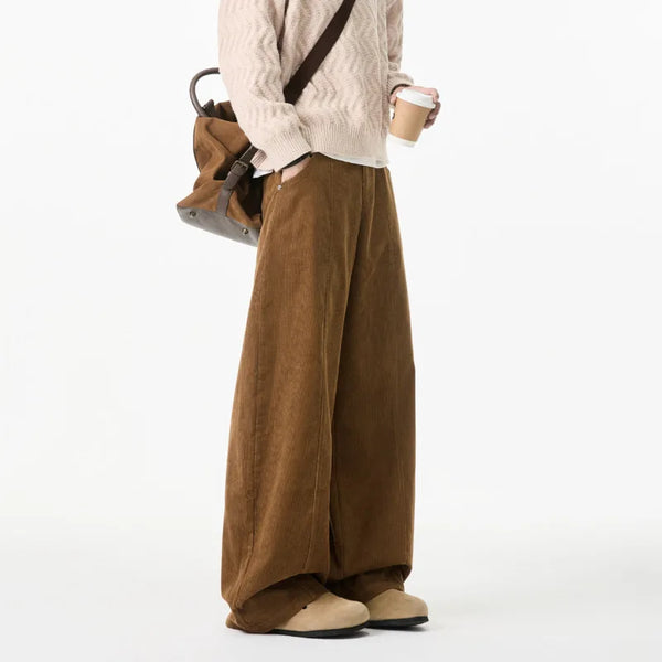 Beige Oversized Straight Corduroy Pants