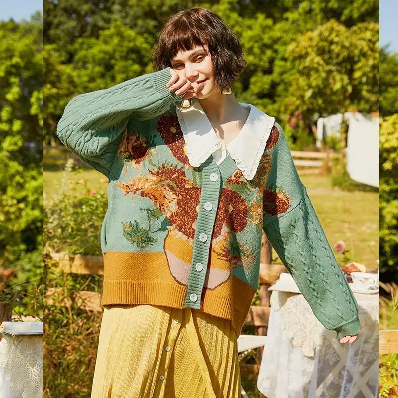 VILZSTUDIOS Vintage Van Gogh Sunflower Embroidered Cardigan