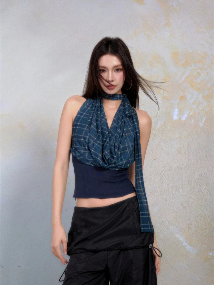 VILZSTUDIOS Blue Plaid Mesh Backless Halter Top
