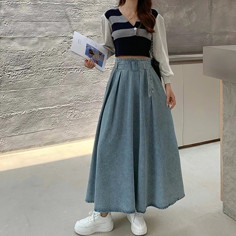 VILZSTUDIOS Blue Pleated A-Line Denim Skirt