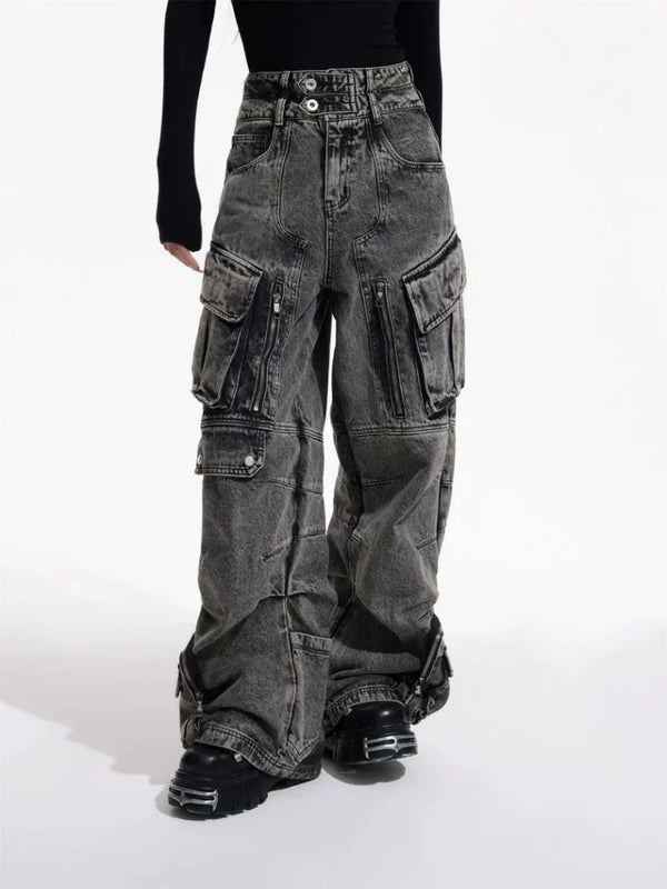 Vintage Graue Cargo-Jeans mit weitem Bein