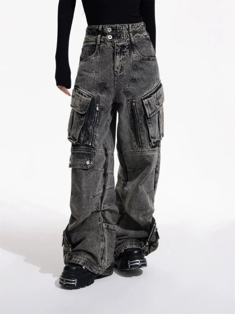 VILZSTUDIOS Vintage Grey Pleated Cargo Wide Jeans