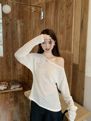 VILZSTUDIOS Off Shoulder Loose Knit Long Sleeve Top