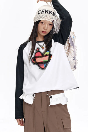 VILZSTUDIOS Patchwork Heart Printed Raglan Long Sleeve Top