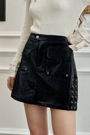 VILZSTUDIOS Black Sweet A-Line PU Leather Skirt