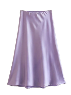 VILZSTUDIOS Elastic Waist Satin A-Line Skirt