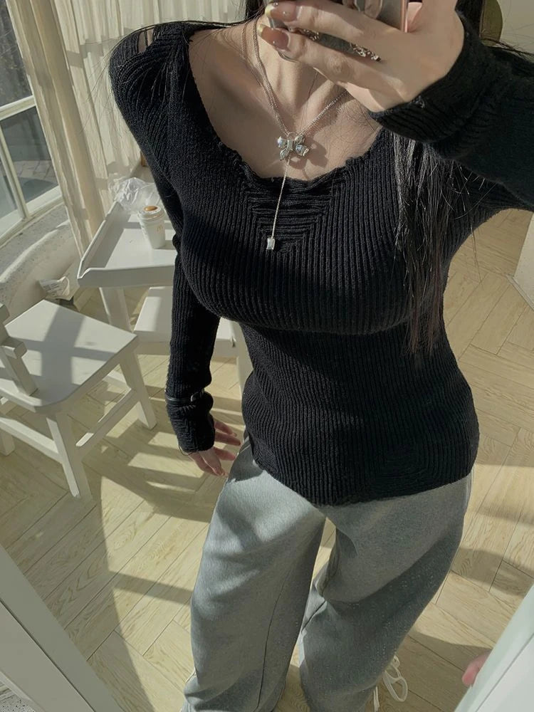VILZSTUDIOS Hollow Out Ripped Knitted Long-Sleeve Top